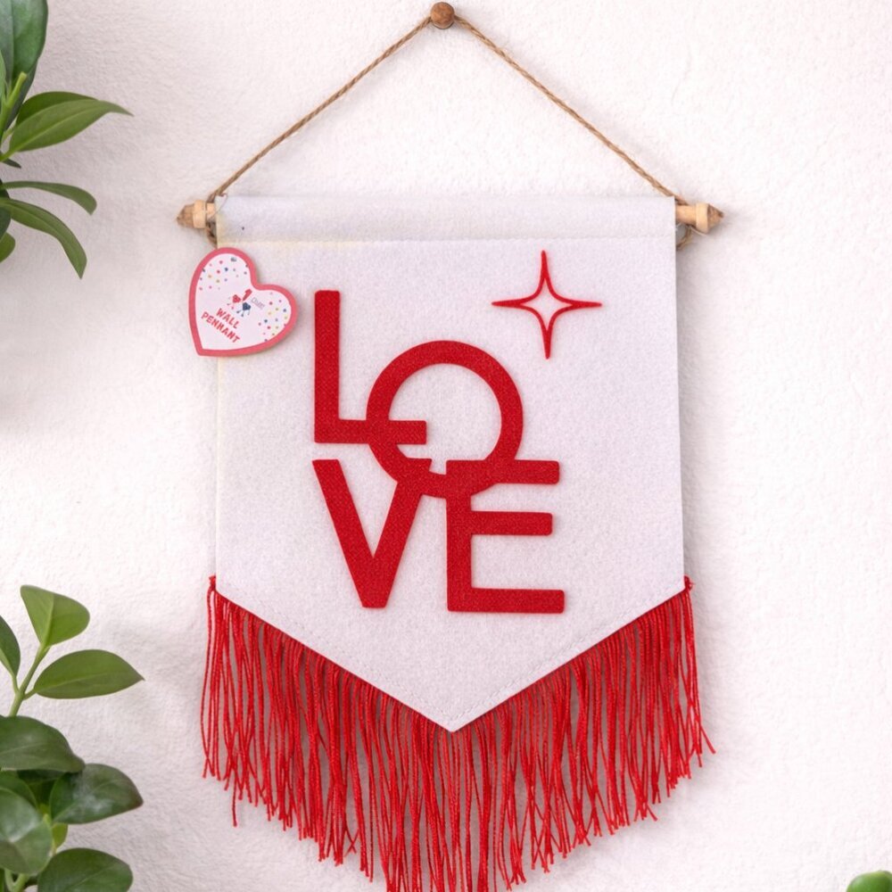 LOVE Felt Wall Pennant Hanging Banner Red & White Fringe Decor 9.5" x 8"